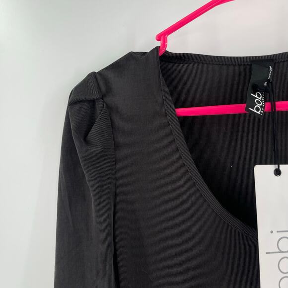 BOBI LOS ANGELES Dress Size Small Gray NWT Mini Long Sleeve Puff V-Neck Ribbed - Picture 7 of 11